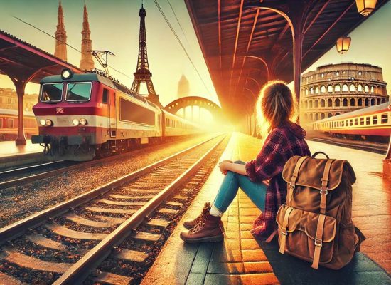 How to Travel Europe on a Budget- Backpacker at a European train station with iconic landmarks in the background