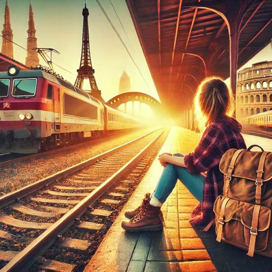 How to Travel Europe on a Budget- Backpacker at a European train station with iconic landmarks in the background